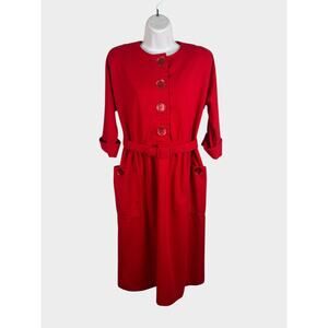 Vintage Leslie Fay Red Dress Size 8 Belted 3/4 Sleeve Statement Buttons Pockets